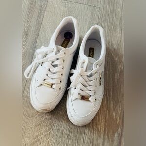 Nine West White Low-Top Lace Sneakers with Gold Accents